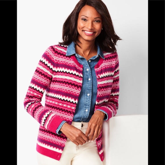 Talbots Pink Fair Isle Nordic Cardigan Sweater - Picture 1 of 10